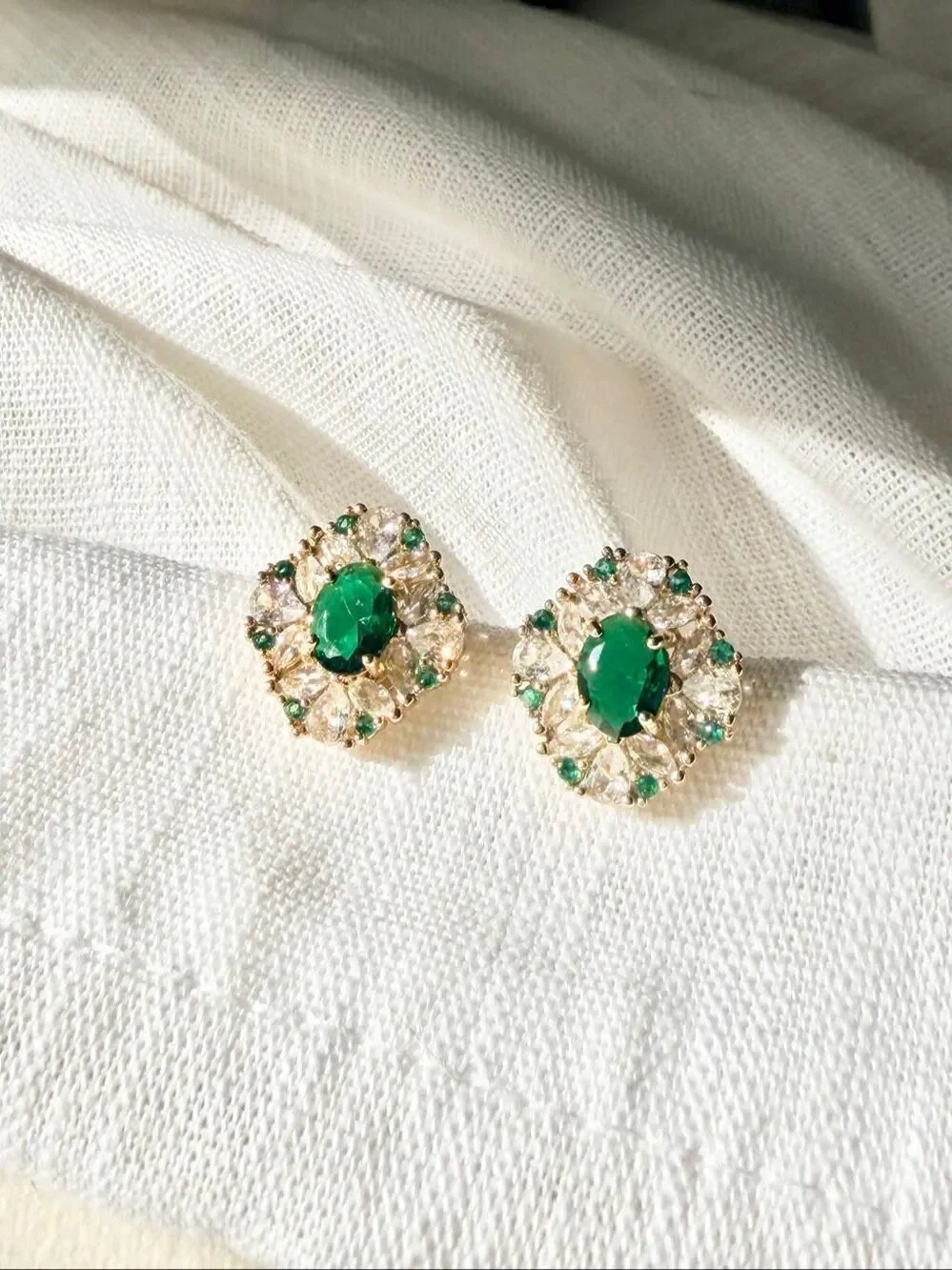 Emerald Green Cubic Zirconia Oval Halo Stud Earrings Gold Tone